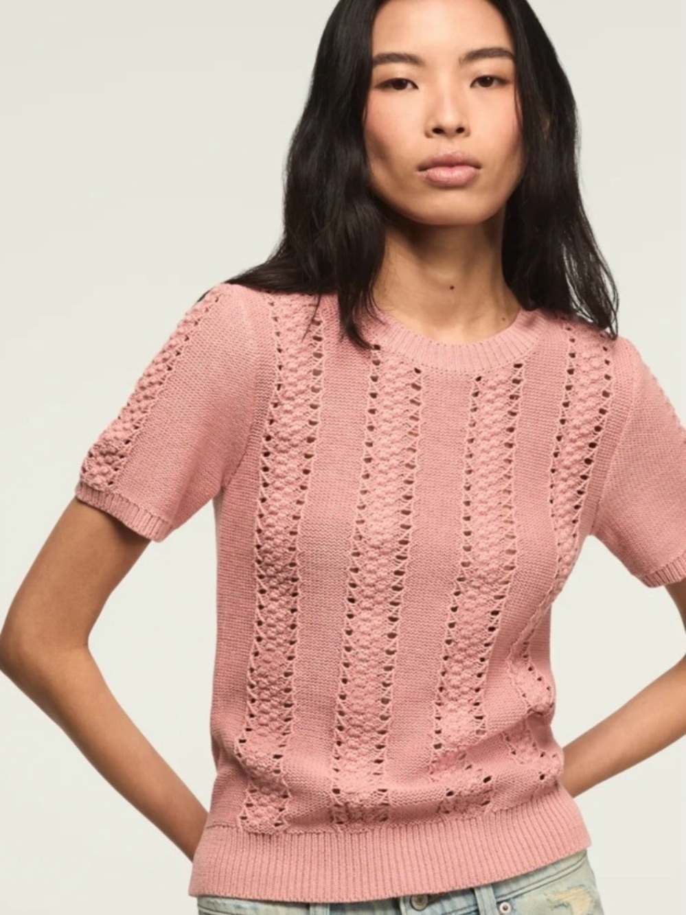 Lucky Brand Dusty Pink Short-Sleeve Knit Crewneck Sweater